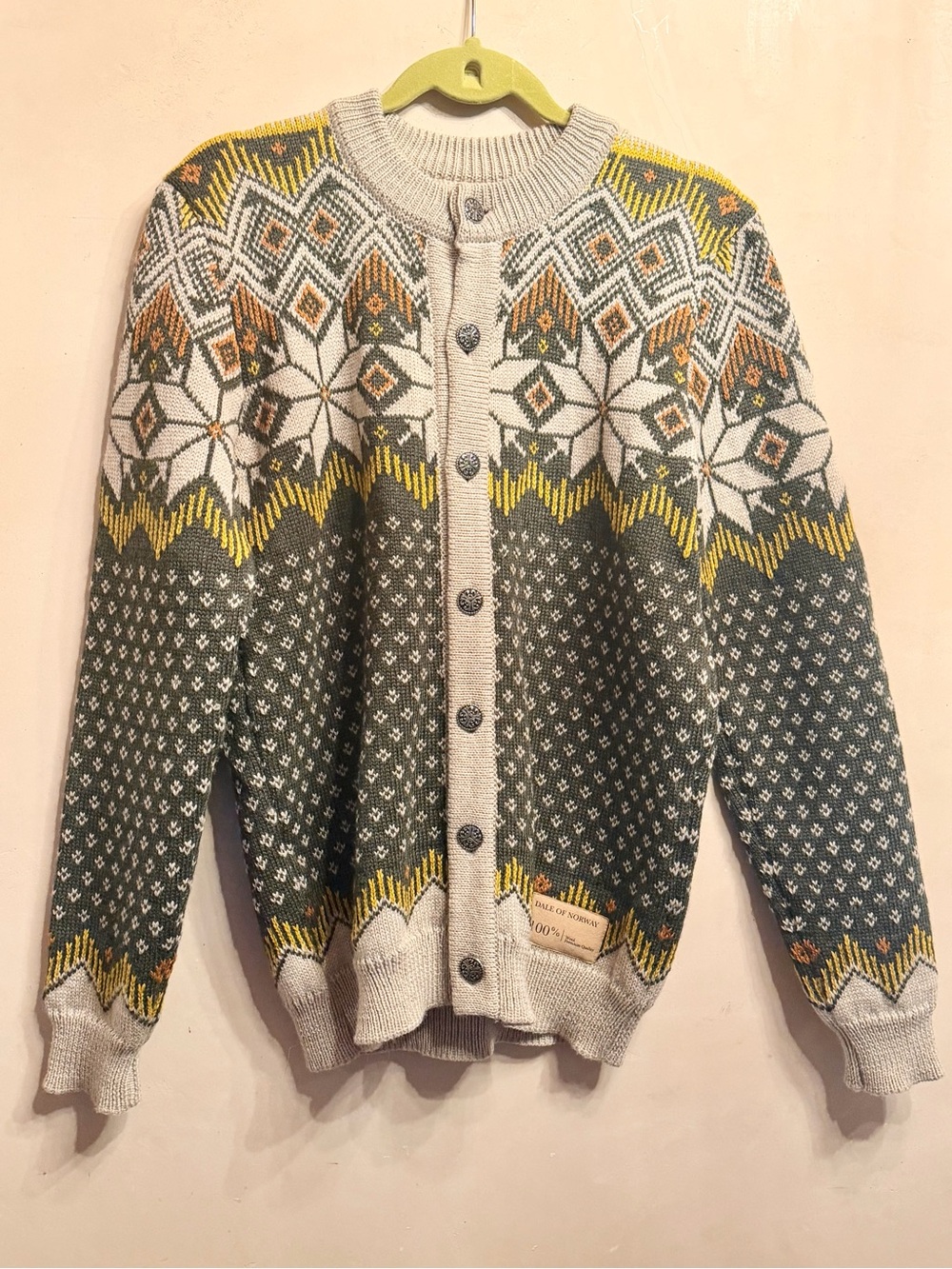 Dale of Norway Olive Green and Cream Fair Isle Wool Cardigan